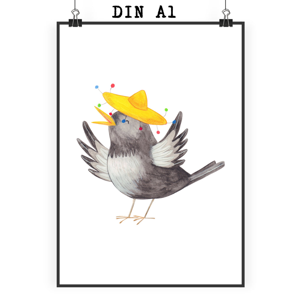Poster Rabe mit Sombrero Poster, Wandposter, Bild, Wanddeko, Küchenposter, Kinderposter, Wanddeko Bild, Raumdekoration, Wanddekoration, Handgemaltes Poster, Mr. & Mrs. Panda Poster, Designposter, Kunstdruck, Posterdruck, Tiermotive, Gute Laune, lustige Sprüche, Tiere, Rabe, Vogel, Vögel, Spruch positiv, fröhlich sein, glücklich sein, Glück Spruch, froh, Elster, Motivation