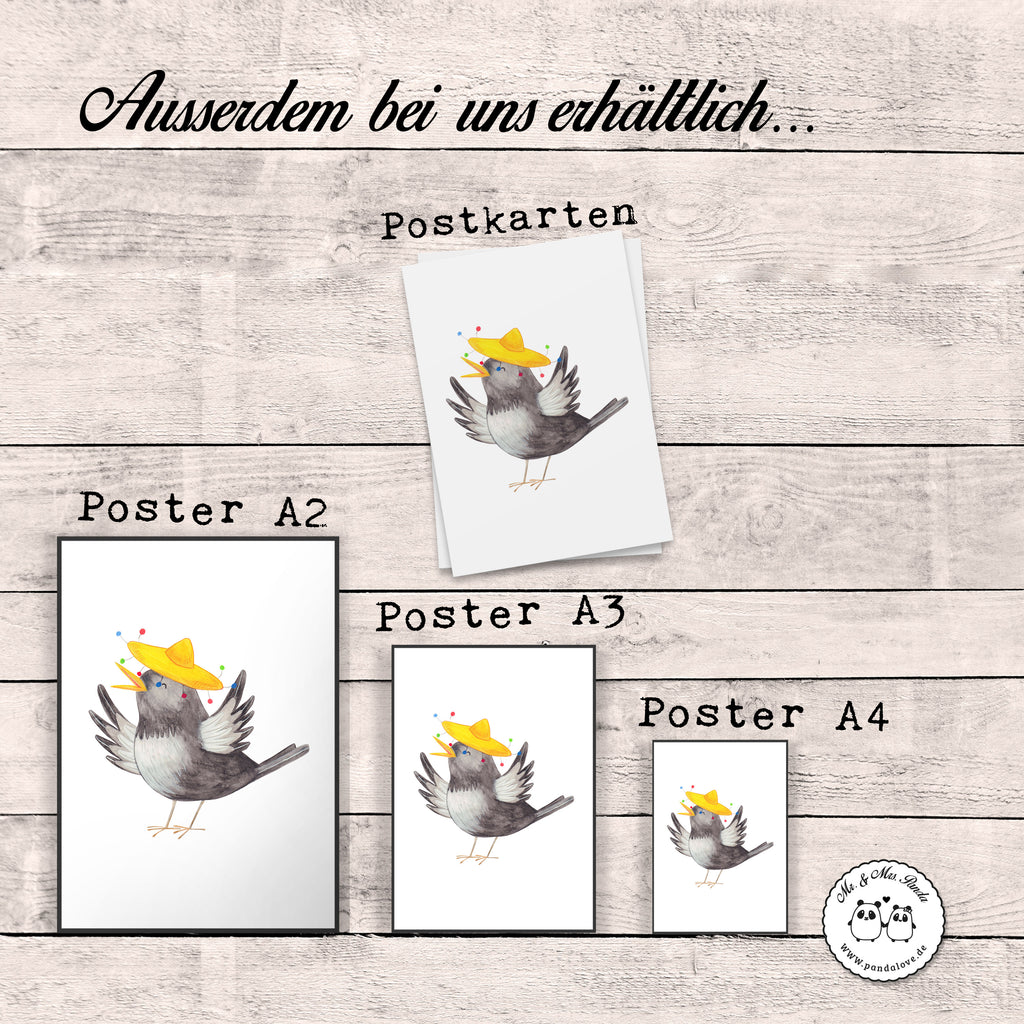 Poster Rabe mit Sombrero Poster, Wandposter, Bild, Wanddeko, Küchenposter, Kinderposter, Wanddeko Bild, Raumdekoration, Wanddekoration, Handgemaltes Poster, Mr. & Mrs. Panda Poster, Designposter, Kunstdruck, Posterdruck, Tiermotive, Gute Laune, lustige Sprüche, Tiere, Rabe, Vogel, Vögel, Spruch positiv, fröhlich sein, glücklich sein, Glück Spruch, froh, Elster, Motivation