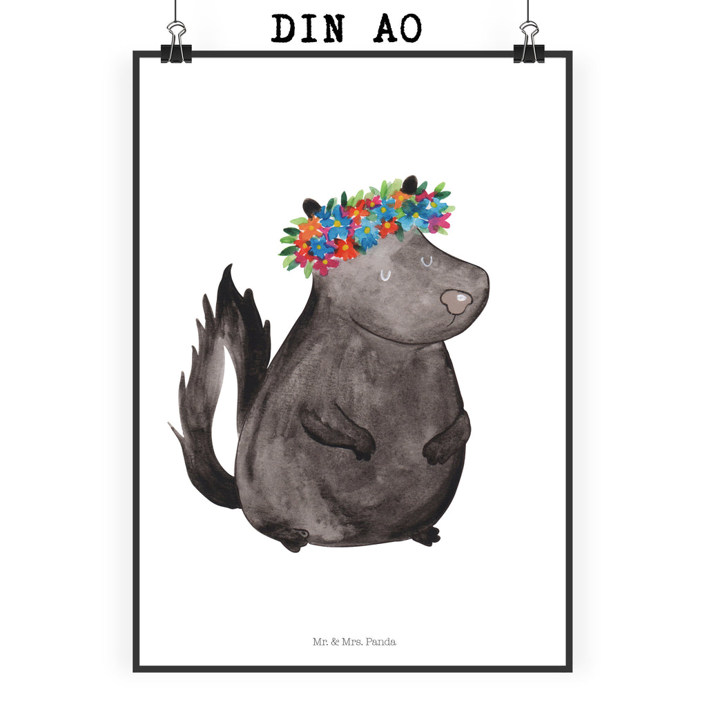 Poster Stinktier Blumenmaedchen Poster, Wandposter, Bild, Wanddeko, Küchenposter, Kinderposter, Wanddeko Bild, Raumdekoration, Wanddekoration, Handgemaltes Poster, Mr. & Mrs. Panda Poster, Designposter, Kunstdruck, Posterdruck, Stinktier, Skunk, Wildtier, Raubtier, Stinker, Stinki, Yoga, Namaste, Lebe, Liebe, Lache
