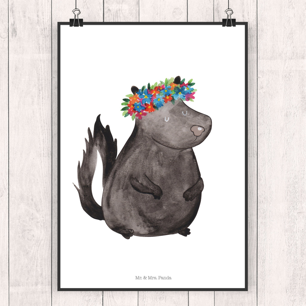 Poster Stinktier Blumenmaedchen Poster, Wandposter, Bild, Wanddeko, Küchenposter, Kinderposter, Wanddeko Bild, Raumdekoration, Wanddekoration, Handgemaltes Poster, Mr. & Mrs. Panda Poster, Designposter, Kunstdruck, Posterdruck, Stinktier, Skunk, Wildtier, Raubtier, Stinker, Stinki, Yoga, Namaste, Lebe, Liebe, Lache