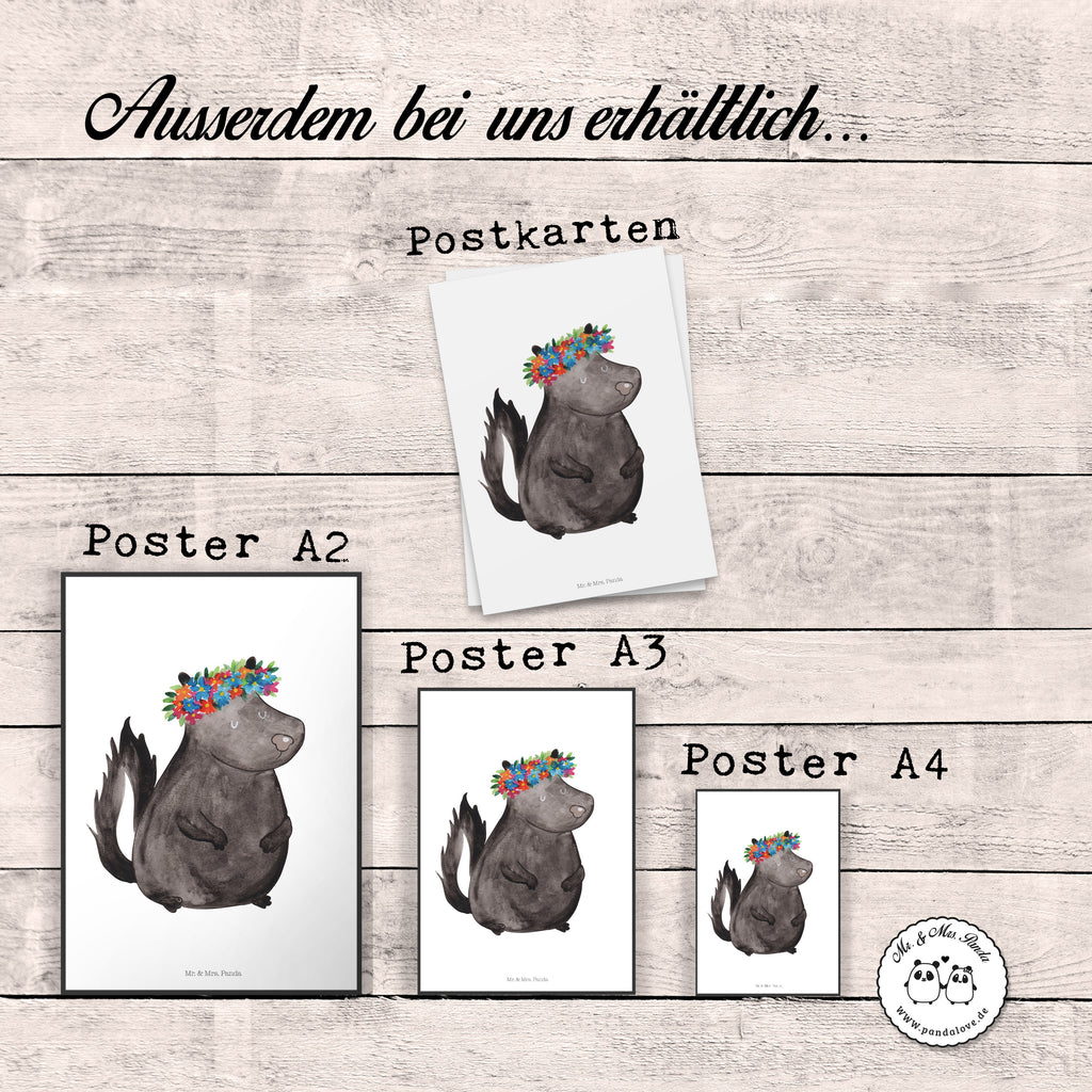 Poster Stinktier Blumenmaedchen Poster, Wandposter, Bild, Wanddeko, Küchenposter, Kinderposter, Wanddeko Bild, Raumdekoration, Wanddekoration, Handgemaltes Poster, Mr. & Mrs. Panda Poster, Designposter, Kunstdruck, Posterdruck, Stinktier, Skunk, Wildtier, Raubtier, Stinker, Stinki, Yoga, Namaste, Lebe, Liebe, Lache