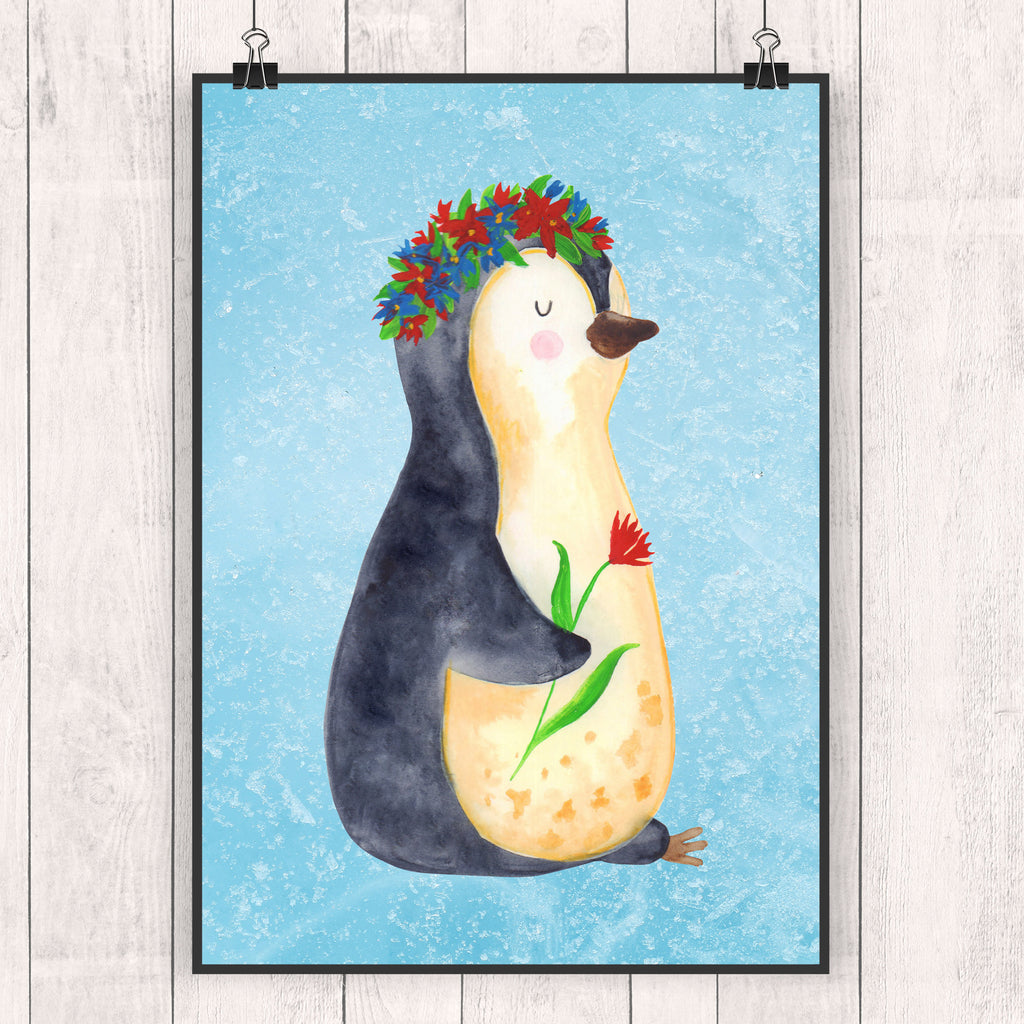 Poster Pinguin Blumenkranz Poster, Wandposter, Bild, Wanddeko, Küchenposter, Kinderposter, Wanddeko Bild, Raumdekoration, Wanddekoration, Handgemaltes Poster, Mr. & Mrs. Panda Poster, Designposter, Kunstdruck, Posterdruck, Pinguin, Pinguine, Blumenkranz, Universum, Leben, Wünsche, Ziele, Lebensziele, Motivation, Lebenslust, Liebeskummer, Geschenkidee