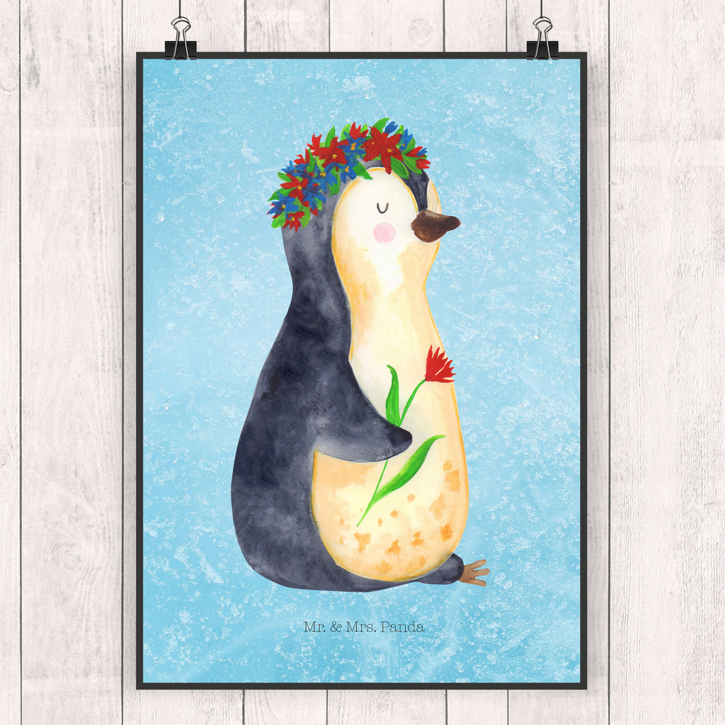 Poster Pinguin Blumenkranz Poster, Wandposter, Bild, Wanddeko, Küchenposter, Kinderposter, Wanddeko Bild, Raumdekoration, Wanddekoration, Handgemaltes Poster, Mr. & Mrs. Panda Poster, Designposter, Kunstdruck, Posterdruck, Pinguin, Pinguine, Blumenkranz, Universum, Leben, Wünsche, Ziele, Lebensziele, Motivation, Lebenslust, Liebeskummer, Geschenkidee