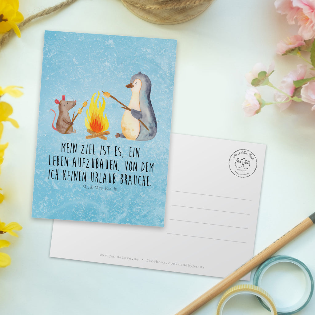 Postkarte Pinguin Lagerfeuer Geschenkkarte, Grußkarte, Karte, Einladung, Ansichtskarte, Geburtstagskarte, Einladungskarte, Pinguin, Maus, Pinguine, Lagerfeuer, Leben, Arbeit, Job, Motivation, Büro, Büroalltag, Lebensspruch, Lebensmotivation, Neustart, Liebe, grillen, Feuer, Marshmallows