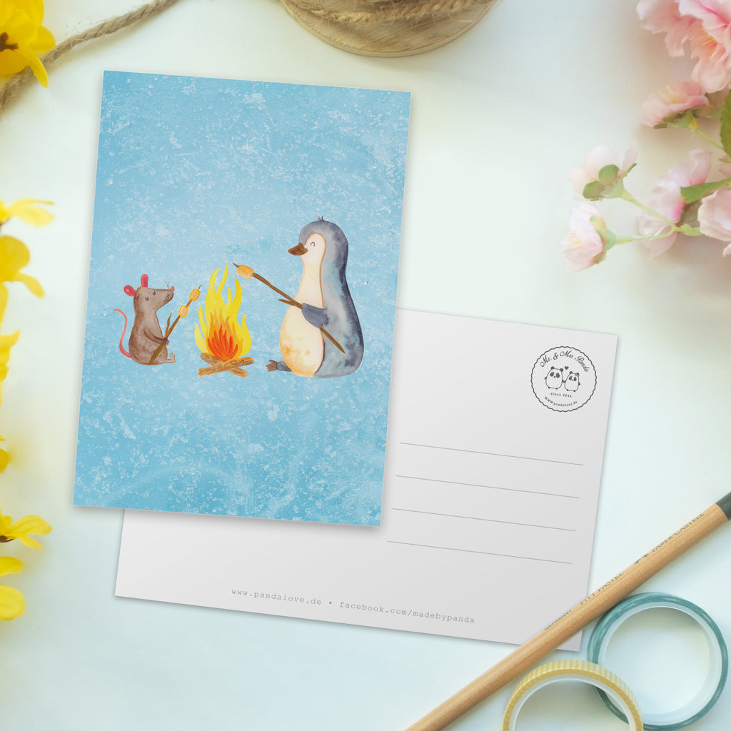 Postkarte Pinguin Lagerfeuer Geschenkkarte, Grußkarte, Karte, Einladung, Ansichtskarte, Geburtstagskarte, Einladungskarte, Pinguin, Maus, Pinguine, Lagerfeuer, Leben, Arbeit, Job, Motivation, Büro, Büroalltag, Lebensspruch, Lebensmotivation, Neustart, Liebe, grillen, Feuer, Marshmallows