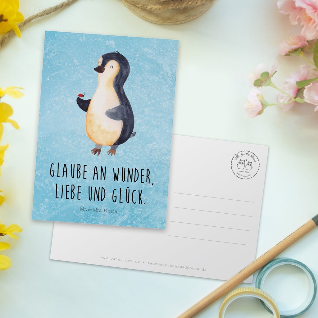 Postkarte Pinguin Marienkäfer Geschenkkarte, Grußkarte, Karte, Einladung, Ansichtskarte, Geburtstagskarte, Einladungskarte, Pinguin, Pinguine, Marienkäfer, Liebe, Wunder, Glück, Freude, Lebensfreude