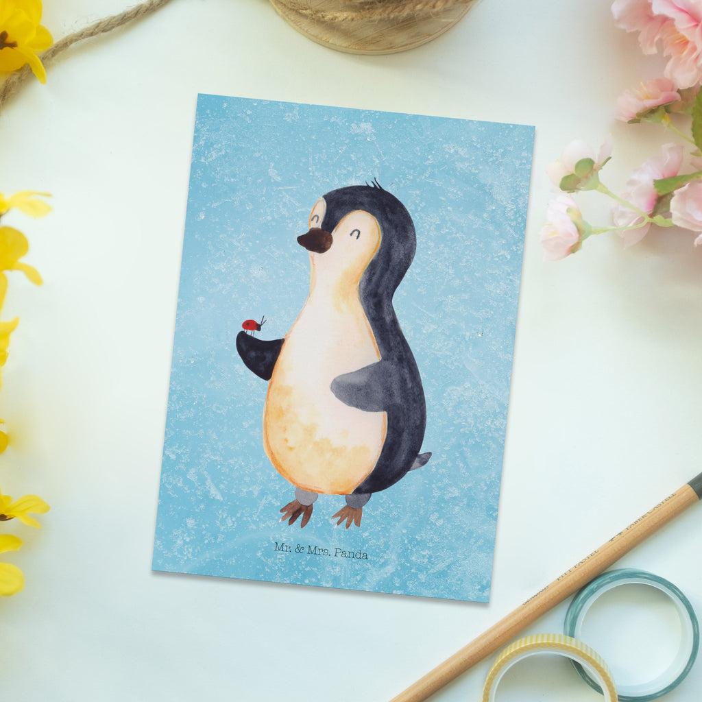 Postkarte Pinguin Marienkäfer Geschenkkarte, Grußkarte, Karte, Einladung, Ansichtskarte, Geburtstagskarte, Einladungskarte, Pinguin, Pinguine, Marienkäfer, Liebe, Wunder, Glück, Freude, Lebensfreude