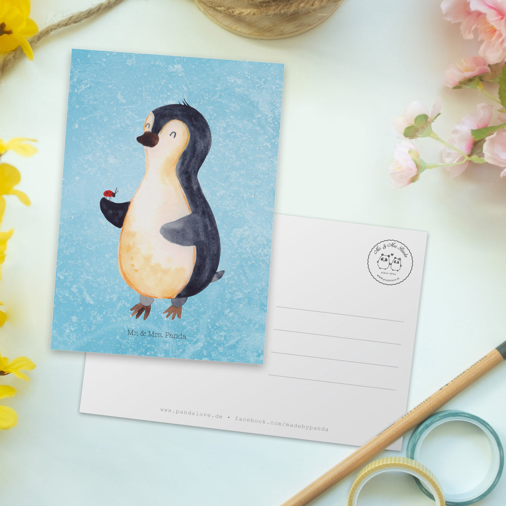 Postkarte Pinguin Marienkäfer Geschenkkarte, Grußkarte, Karte, Einladung, Ansichtskarte, Geburtstagskarte, Einladungskarte, Pinguin, Pinguine, Marienkäfer, Liebe, Wunder, Glück, Freude, Lebensfreude