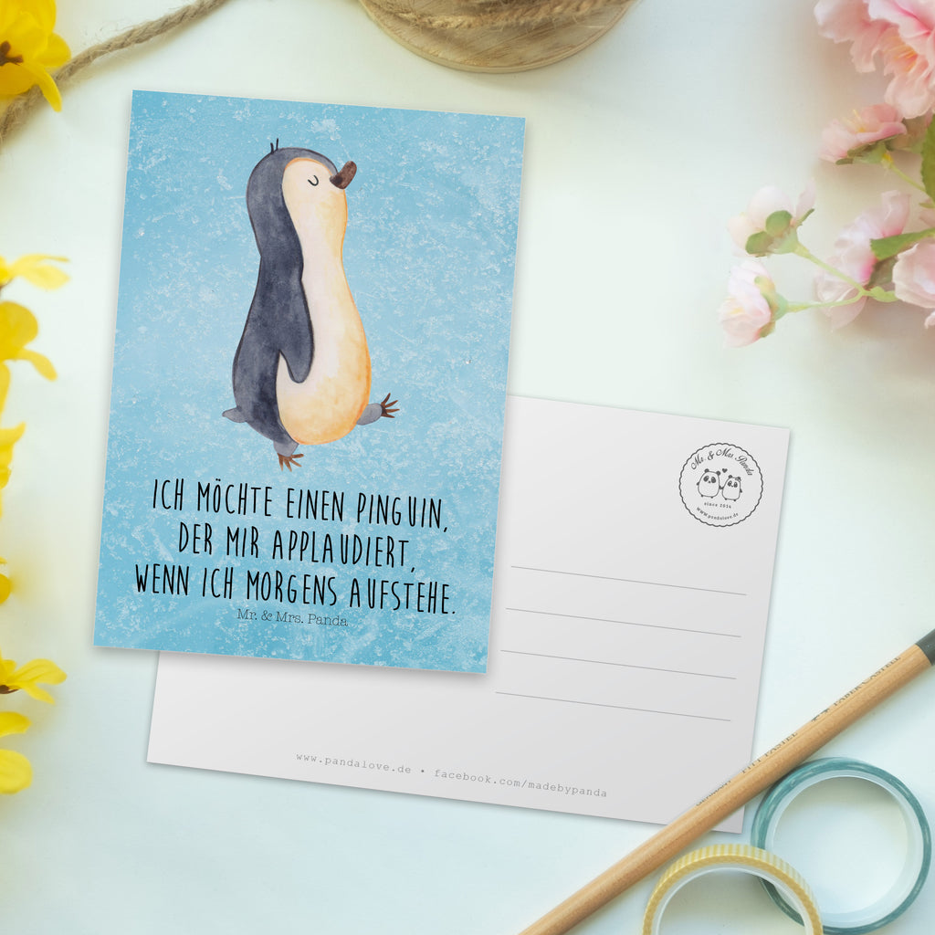 Postkarte Pinguin marschierend Geschenkkarte, Grußkarte, Karte, Einladung, Ansichtskarte, Geburtstagskarte, Einladungskarte, Pinguin, Pinguine, Frühaufsteher, Langschläfer, Bruder, Schwester, Familie
