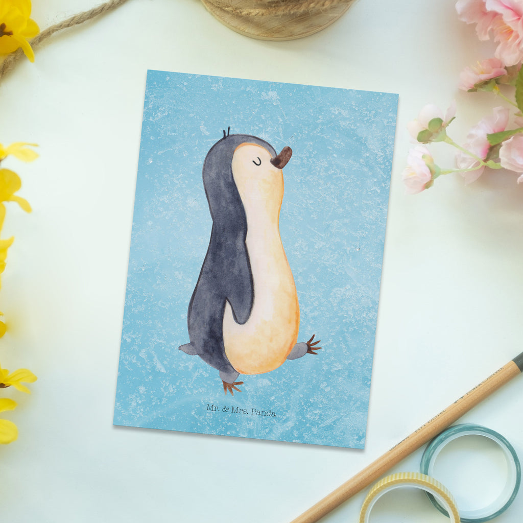 Postkarte Pinguin marschierend Geschenkkarte, Grußkarte, Karte, Einladung, Ansichtskarte, Geburtstagskarte, Einladungskarte, Pinguin, Pinguine, Frühaufsteher, Langschläfer, Bruder, Schwester, Familie