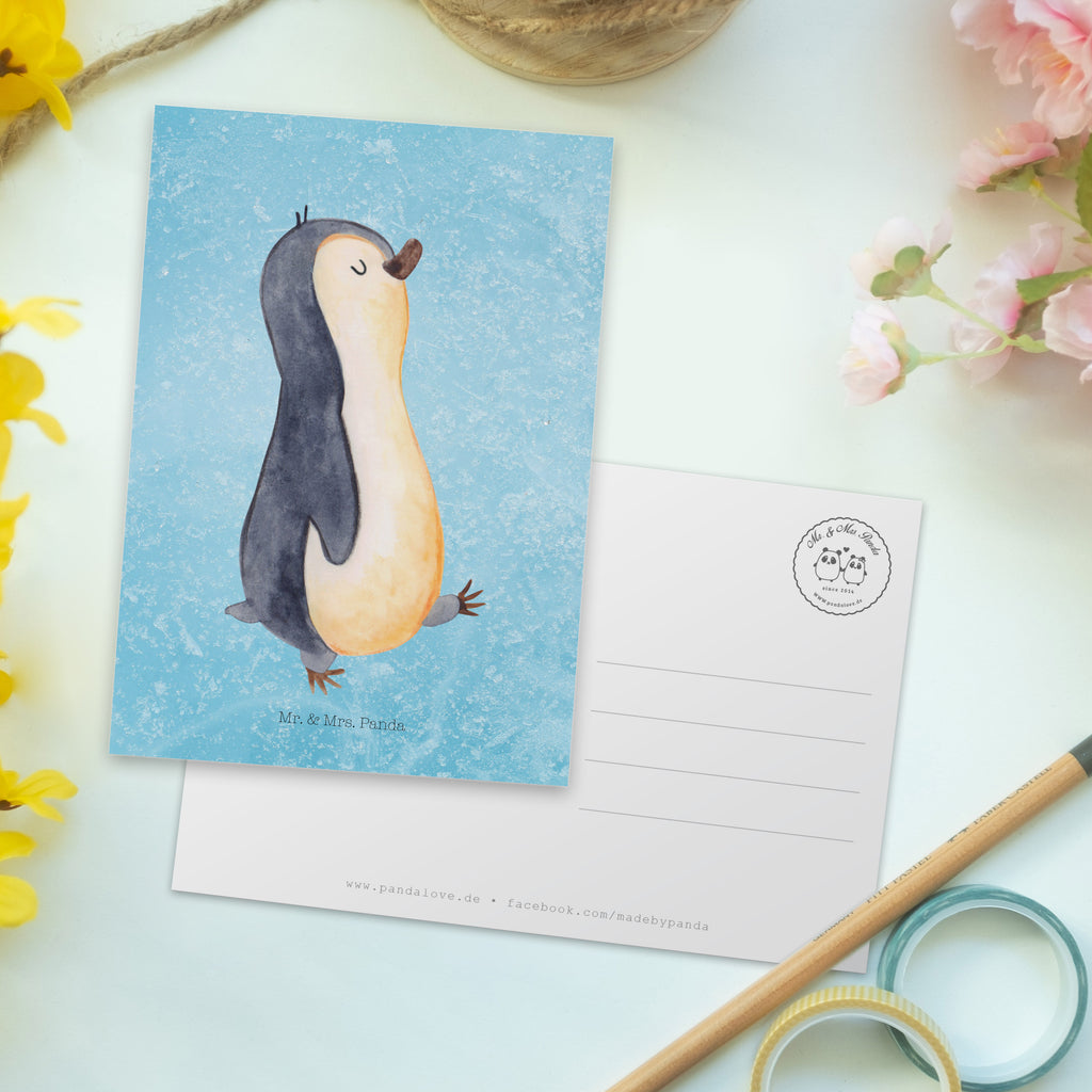Postkarte Pinguin marschierend Geschenkkarte, Grußkarte, Karte, Einladung, Ansichtskarte, Geburtstagskarte, Einladungskarte, Pinguin, Pinguine, Frühaufsteher, Langschläfer, Bruder, Schwester, Familie