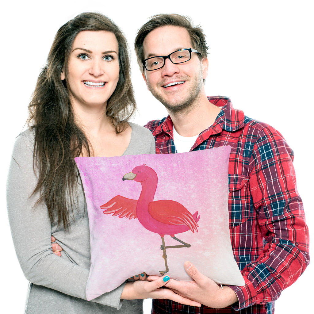 40x40 Kissen Flamingo Yoga Kissenhülle, Kopfkissen, Sofakissen, Dekokissen, Motivkissen, Flamingo, Vogel, Yoga, Namaste, Achtsamkeit, Yoga-Übung, Entspannung, Ärger, Aufregen, Tiefenentspannung