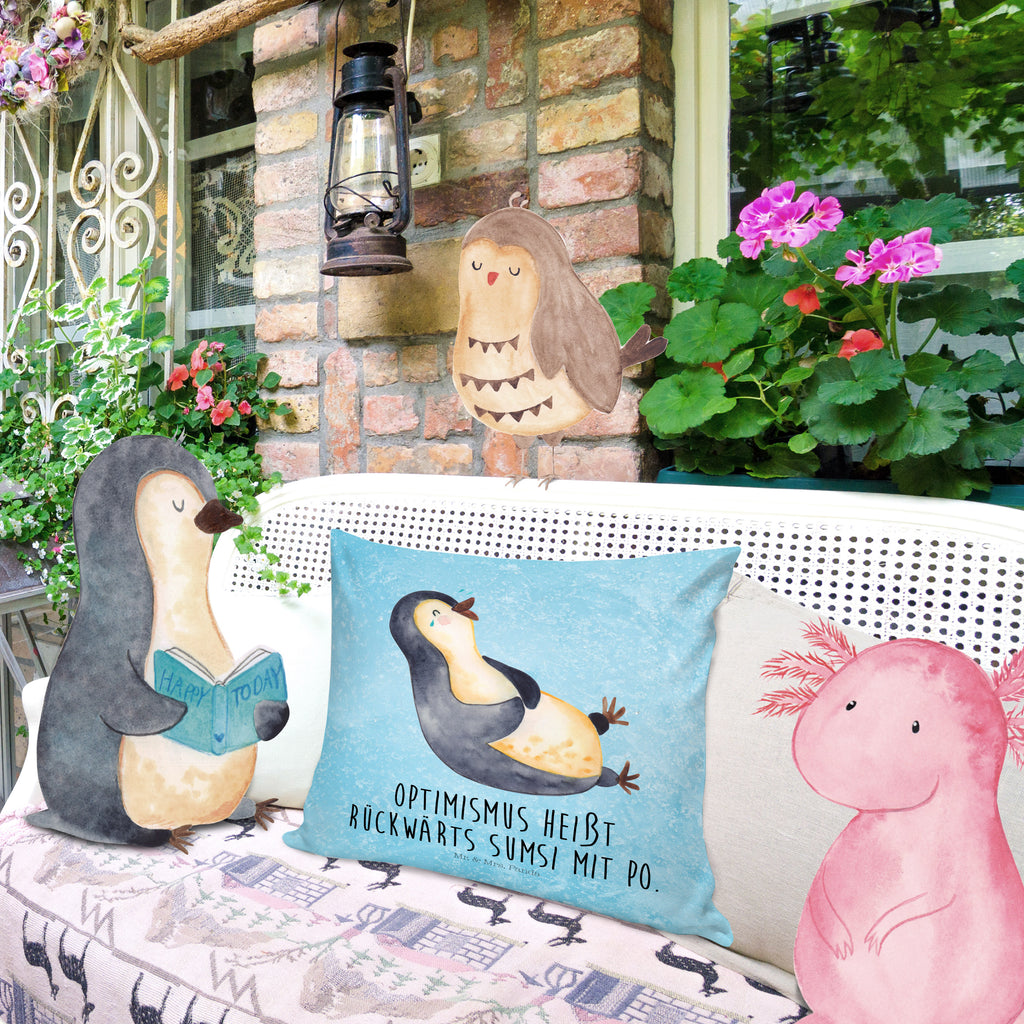 40x40 Kissen Pinguin lachend Kissenhülle, Kopfkissen, Sofakissen, Dekokissen, Motivkissen, Pinguin, Pinguine, lustiger Spruch, Optimismus, Fröhlich, Lachen, Humor, Fröhlichkeit