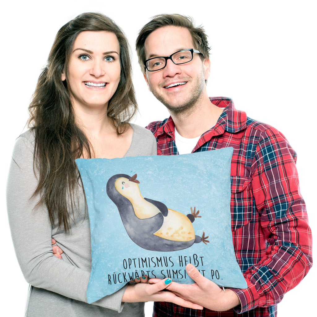 40x40 Kissen Pinguin lachend Kissenhülle, Kopfkissen, Sofakissen, Dekokissen, Motivkissen, Pinguin, Pinguine, lustiger Spruch, Optimismus, Fröhlich, Lachen, Humor, Fröhlichkeit