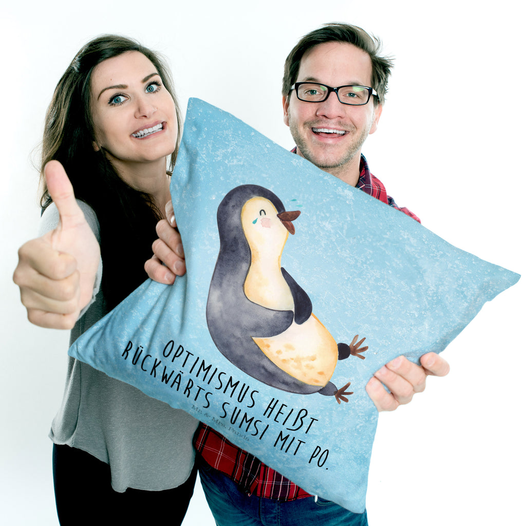 40x40 Kissen Pinguin lachend Kissenhülle, Kopfkissen, Sofakissen, Dekokissen, Motivkissen, Pinguin, Pinguine, lustiger Spruch, Optimismus, Fröhlich, Lachen, Humor, Fröhlichkeit
