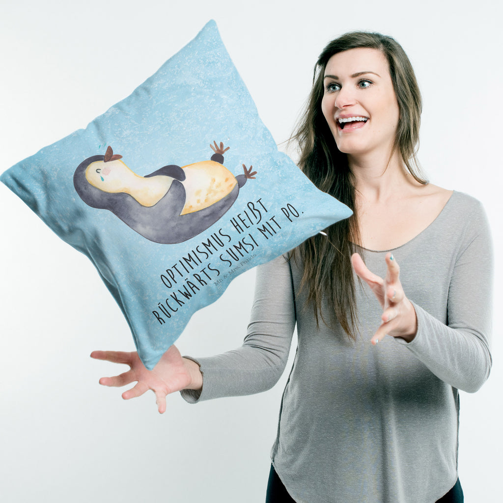40x40 Kissen Pinguin lachend Kissenhülle, Kopfkissen, Sofakissen, Dekokissen, Motivkissen, Pinguin, Pinguine, lustiger Spruch, Optimismus, Fröhlich, Lachen, Humor, Fröhlichkeit