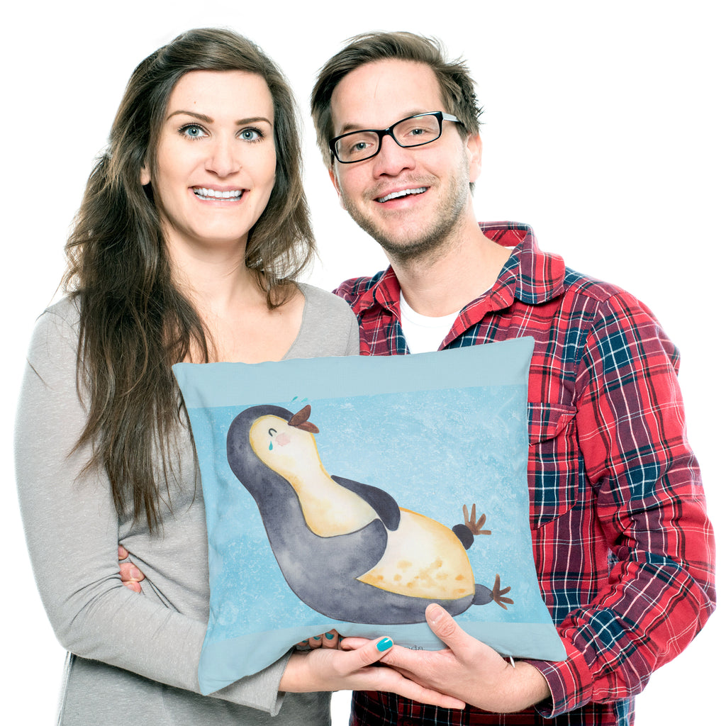 40x40 Kissen Pinguin lachend Kissenhülle, Kopfkissen, Sofakissen, Dekokissen, Motivkissen, Pinguin, Pinguine, lustiger Spruch, Optimismus, Fröhlich, Lachen, Humor, Fröhlichkeit