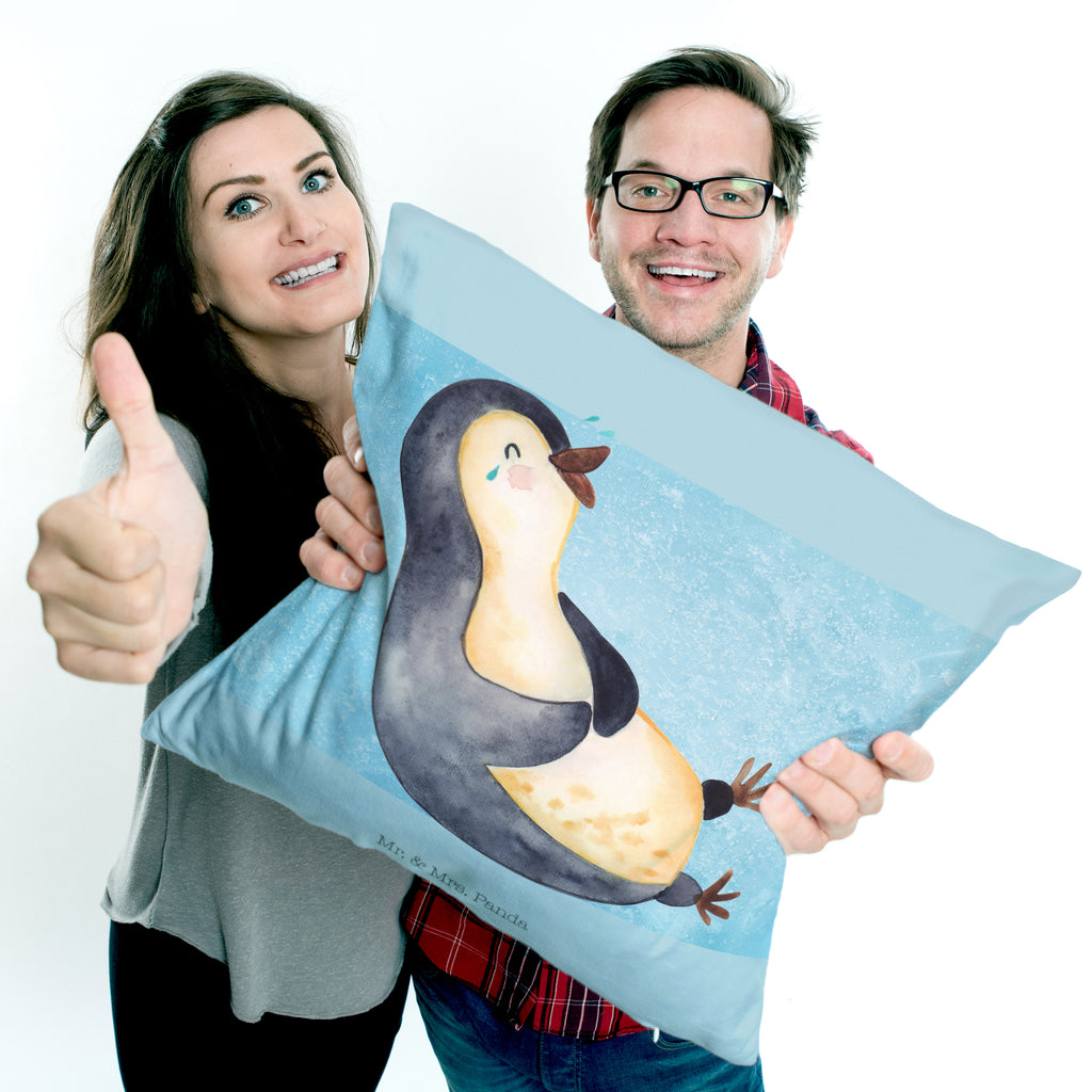 40x40 Kissen Pinguin lachend Kissenhülle, Kopfkissen, Sofakissen, Dekokissen, Motivkissen, Pinguin, Pinguine, lustiger Spruch, Optimismus, Fröhlich, Lachen, Humor, Fröhlichkeit