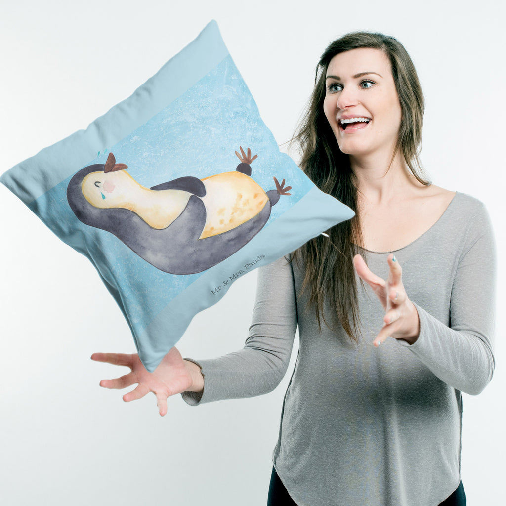 40x40 Kissen Pinguin lachend Kissenhülle, Kopfkissen, Sofakissen, Dekokissen, Motivkissen, Pinguin, Pinguine, lustiger Spruch, Optimismus, Fröhlich, Lachen, Humor, Fröhlichkeit