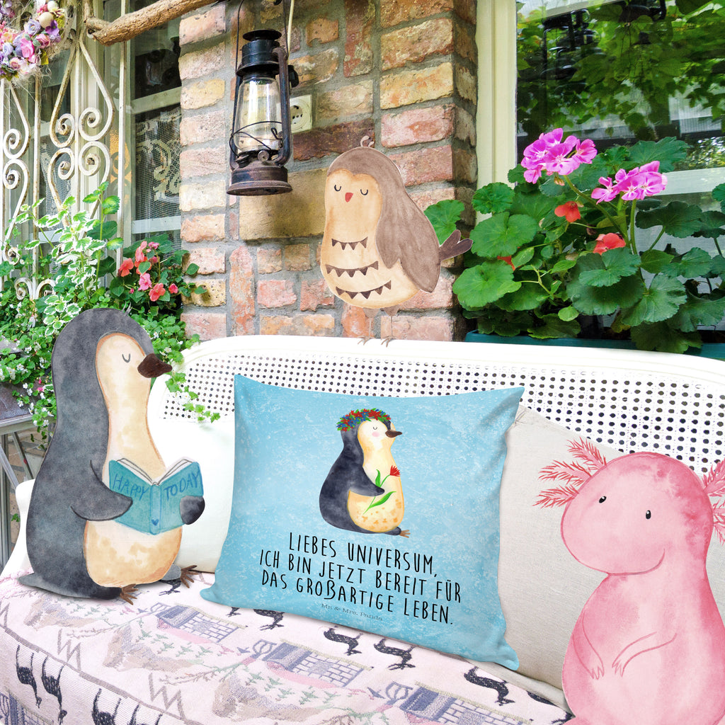 40x40 Kissen Pinguin Blumenkranz Kissenhülle, Kopfkissen, Sofakissen, Dekokissen, Motivkissen, Pinguin, Pinguine, Blumenkranz, Universum, Leben, Wünsche, Ziele, Lebensziele, Motivation, Lebenslust, Liebeskummer, Geschenkidee