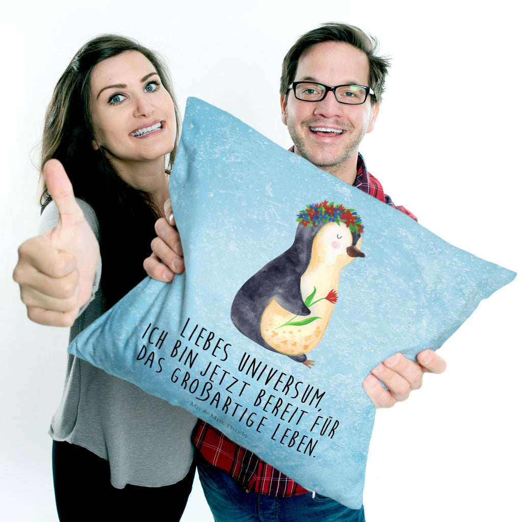 40x40 Kissen Pinguin Blumenkranz Kissenhülle, Kopfkissen, Sofakissen, Dekokissen, Motivkissen, Pinguin, Pinguine, Blumenkranz, Universum, Leben, Wünsche, Ziele, Lebensziele, Motivation, Lebenslust, Liebeskummer, Geschenkidee