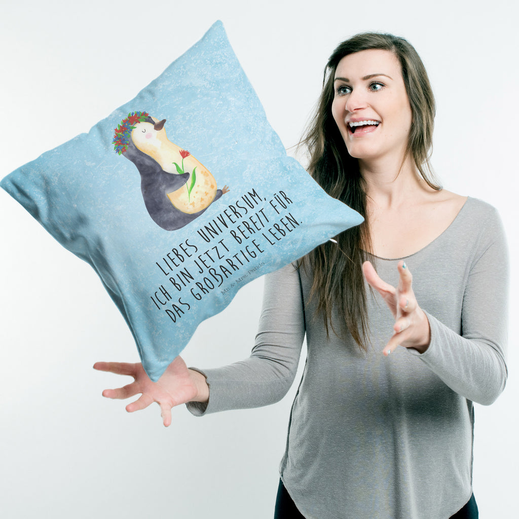 40x40 Kissen Pinguin Blumenkranz Kissenhülle, Kopfkissen, Sofakissen, Dekokissen, Motivkissen, Pinguin, Pinguine, Blumenkranz, Universum, Leben, Wünsche, Ziele, Lebensziele, Motivation, Lebenslust, Liebeskummer, Geschenkidee