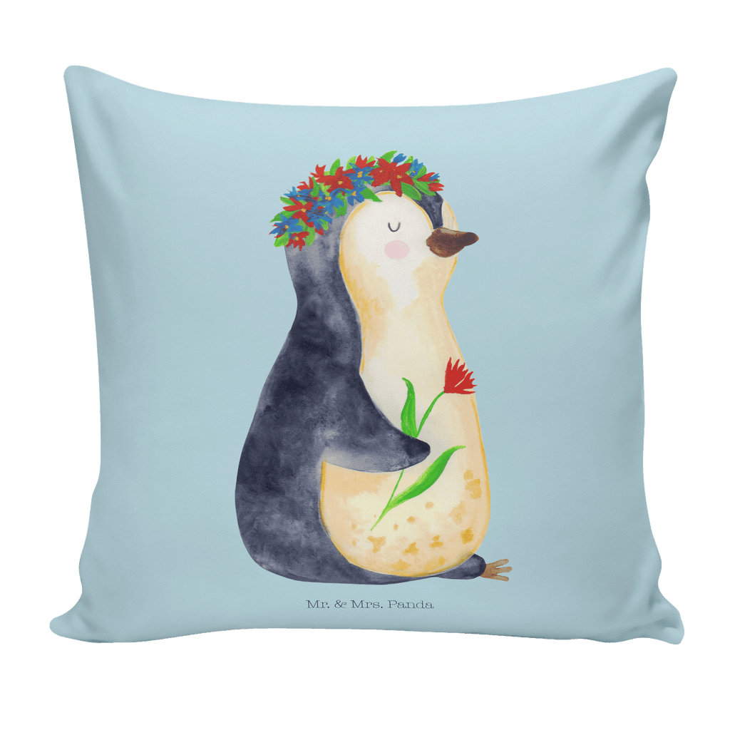 40x40 Kissen Pinguin Blumenkranz Kissenhülle, Kopfkissen, Sofakissen, Dekokissen, Motivkissen, Pinguin, Pinguine, Blumenkranz, Universum, Leben, Wünsche, Ziele, Lebensziele, Motivation, Lebenslust, Liebeskummer, Geschenkidee