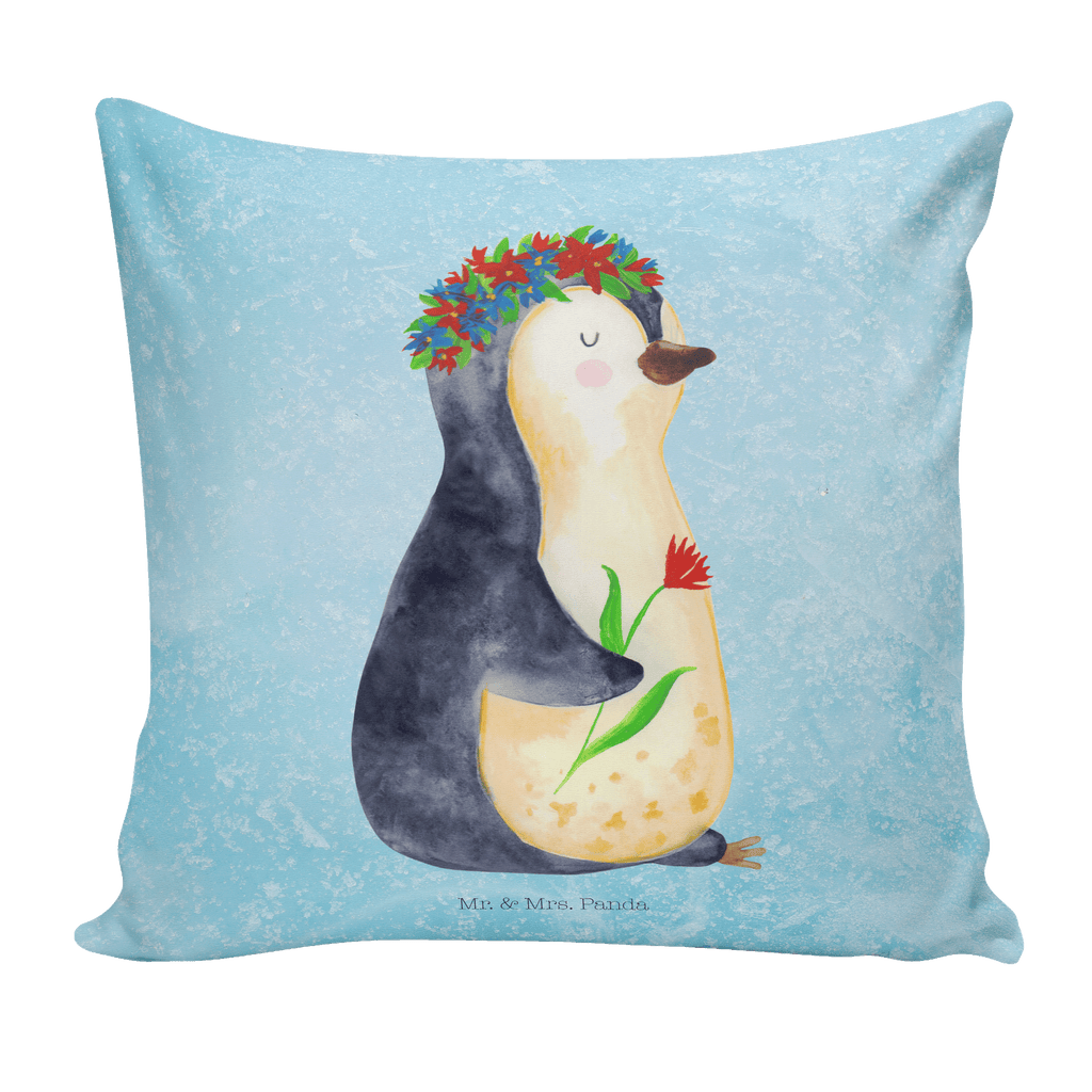 40x40 Kissen Pinguin Blumenkranz Kissenhülle, Kopfkissen, Sofakissen, Dekokissen, Motivkissen, Pinguin, Pinguine, Blumenkranz, Universum, Leben, Wünsche, Ziele, Lebensziele, Motivation, Lebenslust, Liebeskummer, Geschenkidee