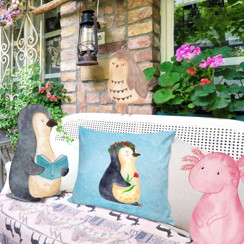 40x40 Kissen Pinguin Blumenkranz Kissenhülle, Kopfkissen, Sofakissen, Dekokissen, Motivkissen, Pinguin, Pinguine, Blumenkranz, Universum, Leben, Wünsche, Ziele, Lebensziele, Motivation, Lebenslust, Liebeskummer, Geschenkidee