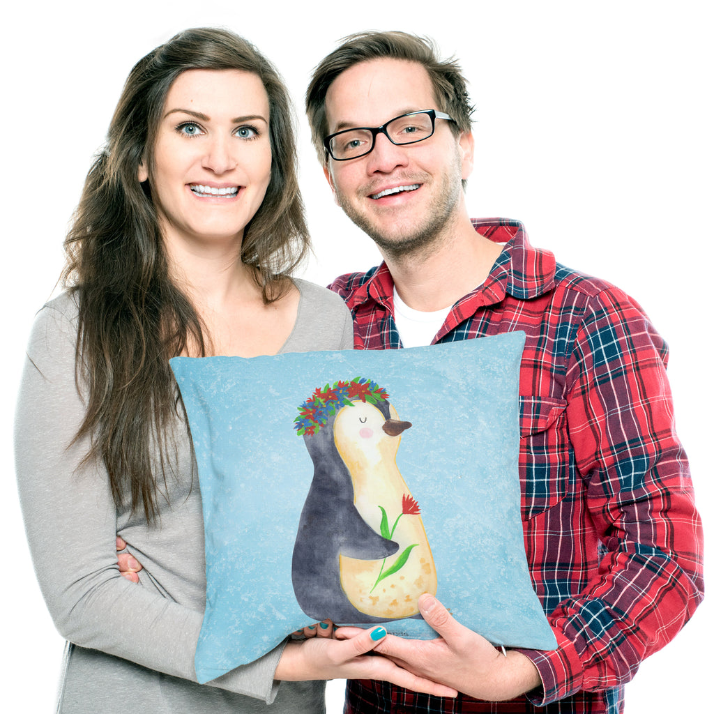 40x40 Kissen Pinguin Blumenkranz Kissenhülle, Kopfkissen, Sofakissen, Dekokissen, Motivkissen, Pinguin, Pinguine, Blumenkranz, Universum, Leben, Wünsche, Ziele, Lebensziele, Motivation, Lebenslust, Liebeskummer, Geschenkidee