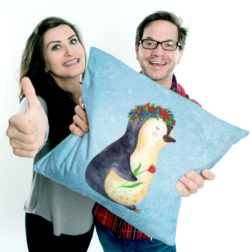 40x40 Kissen Pinguin Blumenkranz Kissenhülle, Kopfkissen, Sofakissen, Dekokissen, Motivkissen, Pinguin, Pinguine, Blumenkranz, Universum, Leben, Wünsche, Ziele, Lebensziele, Motivation, Lebenslust, Liebeskummer, Geschenkidee