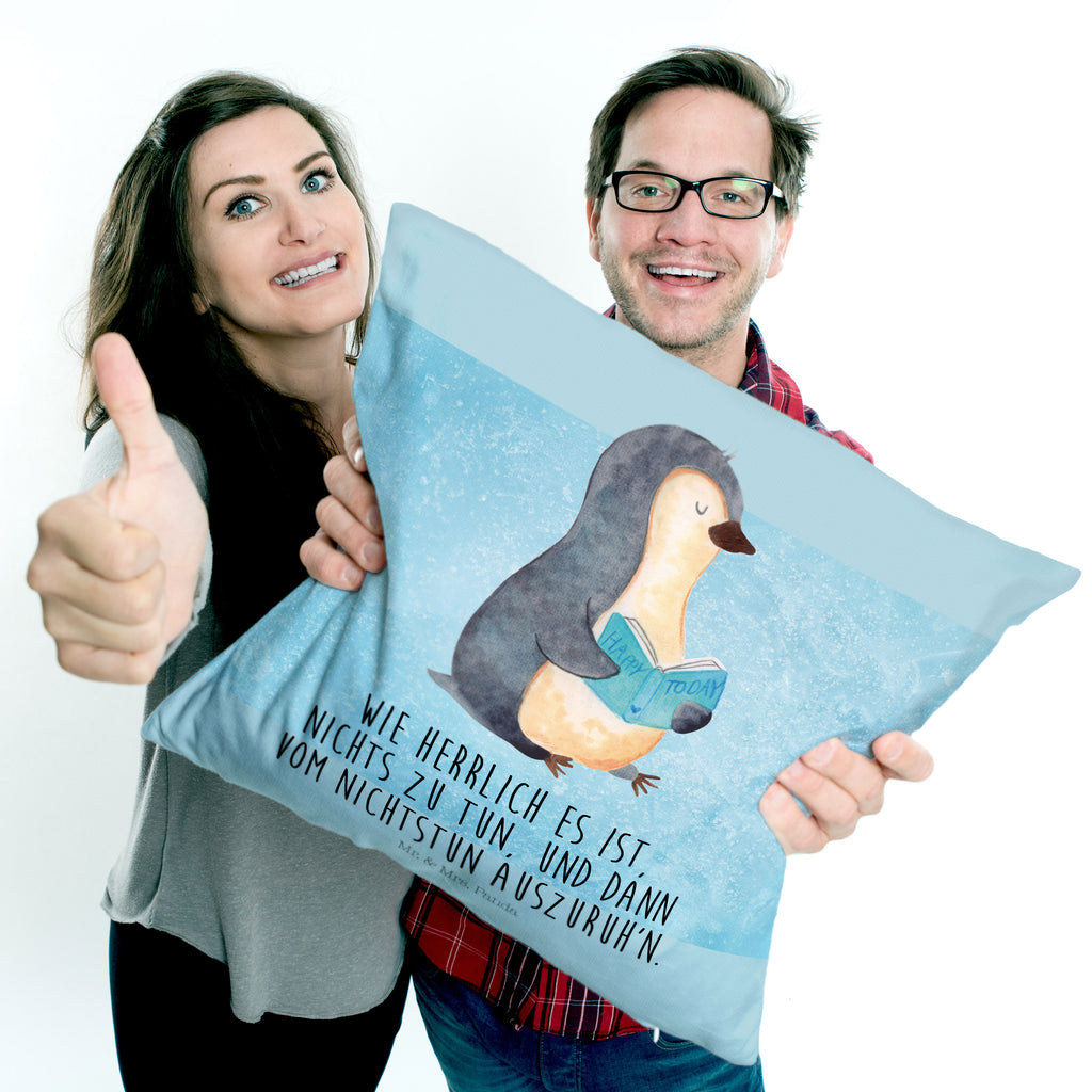 40x40 Kissen Pinguin Buch Kissenhülle, Kopfkissen, Sofakissen, Dekokissen, Motivkissen, Pinguin, Pinguine, Buch, Lesen, Bücherwurm, Nichtstun, Faulenzen, Ferien, Urlaub, Freizeit