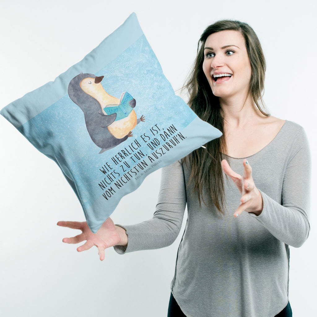 40x40 Kissen Pinguin Buch Kissenhülle, Kopfkissen, Sofakissen, Dekokissen, Motivkissen, Pinguin, Pinguine, Buch, Lesen, Bücherwurm, Nichtstun, Faulenzen, Ferien, Urlaub, Freizeit