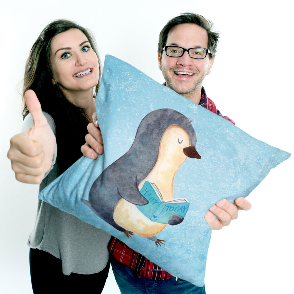 40x40 Kissen Pinguin Buch Kissenhülle, Kopfkissen, Sofakissen, Dekokissen, Motivkissen, Pinguin, Pinguine, Buch, Lesen, Bücherwurm, Nichtstun, Faulenzen, Ferien, Urlaub, Freizeit