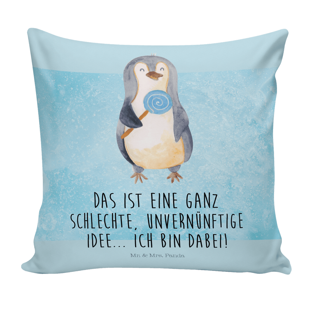 40x40 Kissen Pinguin Lolli Kissenhülle, Kopfkissen, Sofakissen, Dekokissen, Motivkissen, Pinguin, Pinguine, Lolli, Süßigkeiten, Blödsinn, Spruch, Rebell, Gauner, Ganove, Rabauke