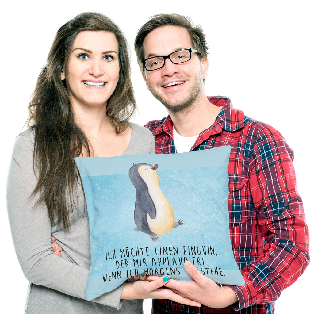 40x40 Kissen Pinguin marschierend Kissenhülle, Kopfkissen, Sofakissen, Dekokissen, Motivkissen, Pinguin, Pinguine, Frühaufsteher, Langschläfer, Bruder, Schwester, Familie