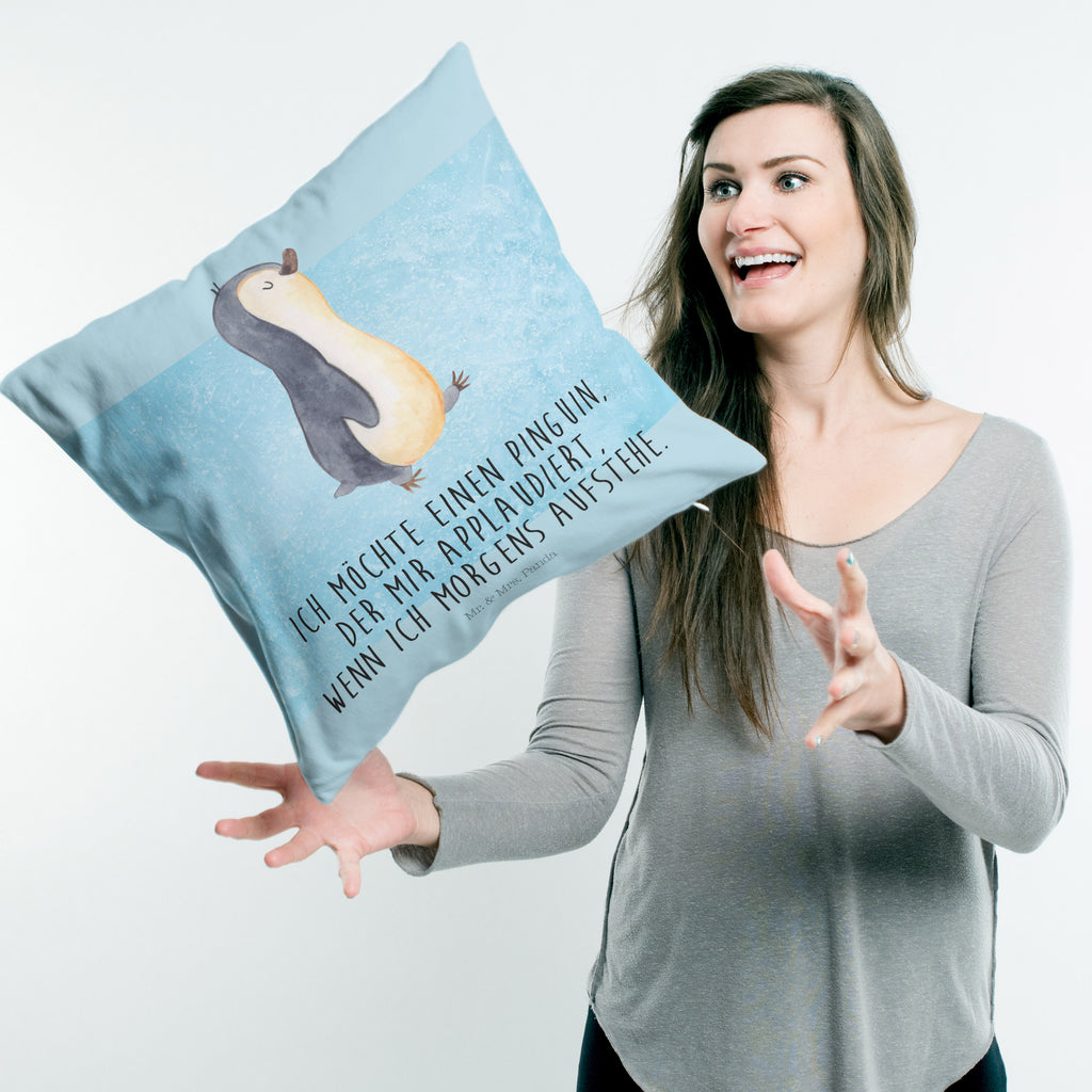 40x40 Kissen Pinguin marschierend Kissenhülle, Kopfkissen, Sofakissen, Dekokissen, Motivkissen, Pinguin, Pinguine, Frühaufsteher, Langschläfer, Bruder, Schwester, Familie
