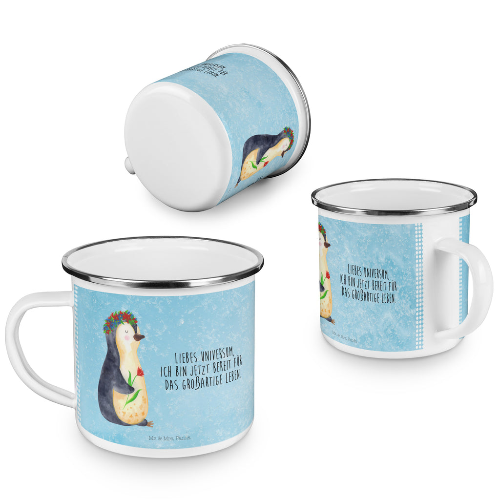 Camping Emaille Tasse Pinguin Blumenkranz Campingtasse, Trinkbecher, Metalltasse, Outdoor Tasse, Emaille Trinkbecher, Blechtasse Outdoor, Emaille Campingbecher, Edelstahl Trinkbecher, Metalltasse für Camping, Kaffee Blechtasse, Camping Tasse Metall, Pinguin, Pinguine, Blumenkranz, Universum, Leben, Wünsche, Ziele, Lebensziele, Motivation, Lebenslust, Liebeskummer, Geschenkidee