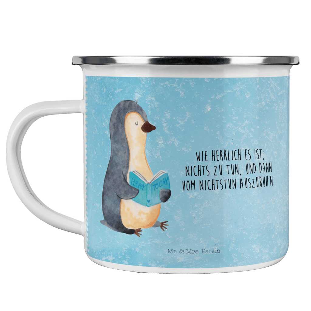 Camping Emaille Tasse Pinguin Buch Campingtasse, Trinkbecher, Metalltasse, Outdoor Tasse, Emaille Trinkbecher, Blechtasse Outdoor, Emaille Campingbecher, Edelstahl Trinkbecher, Metalltasse für Camping, Kaffee Blechtasse, Camping Tasse Metall, Pinguin, Pinguine, Buch, Lesen, Bücherwurm, Nichtstun, Faulenzen, Ferien, Urlaub, Freizeit