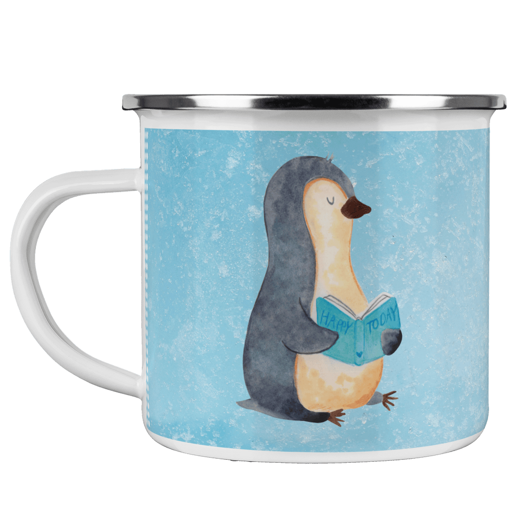 Camping Emaille Tasse Pinguin Buch Campingtasse, Trinkbecher, Metalltasse, Outdoor Tasse, Emaille Trinkbecher, Blechtasse Outdoor, Emaille Campingbecher, Edelstahl Trinkbecher, Metalltasse für Camping, Kaffee Blechtasse, Camping Tasse Metall, Pinguin, Pinguine, Buch, Lesen, Bücherwurm, Nichtstun, Faulenzen, Ferien, Urlaub, Freizeit