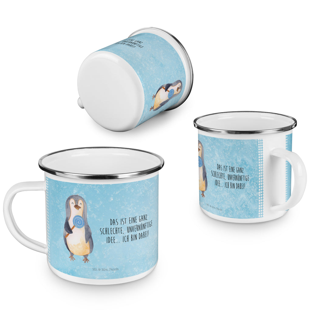 Camping Emaille Tasse Pinguin Lolli Campingtasse, Trinkbecher, Metalltasse, Outdoor Tasse, Emaille Trinkbecher, Blechtasse Outdoor, Emaille Campingbecher, Edelstahl Trinkbecher, Metalltasse für Camping, Kaffee Blechtasse, Camping Tasse Metall, Pinguin, Pinguine, Lolli, Süßigkeiten, Blödsinn, Spruch, Rebell, Gauner, Ganove, Rabauke