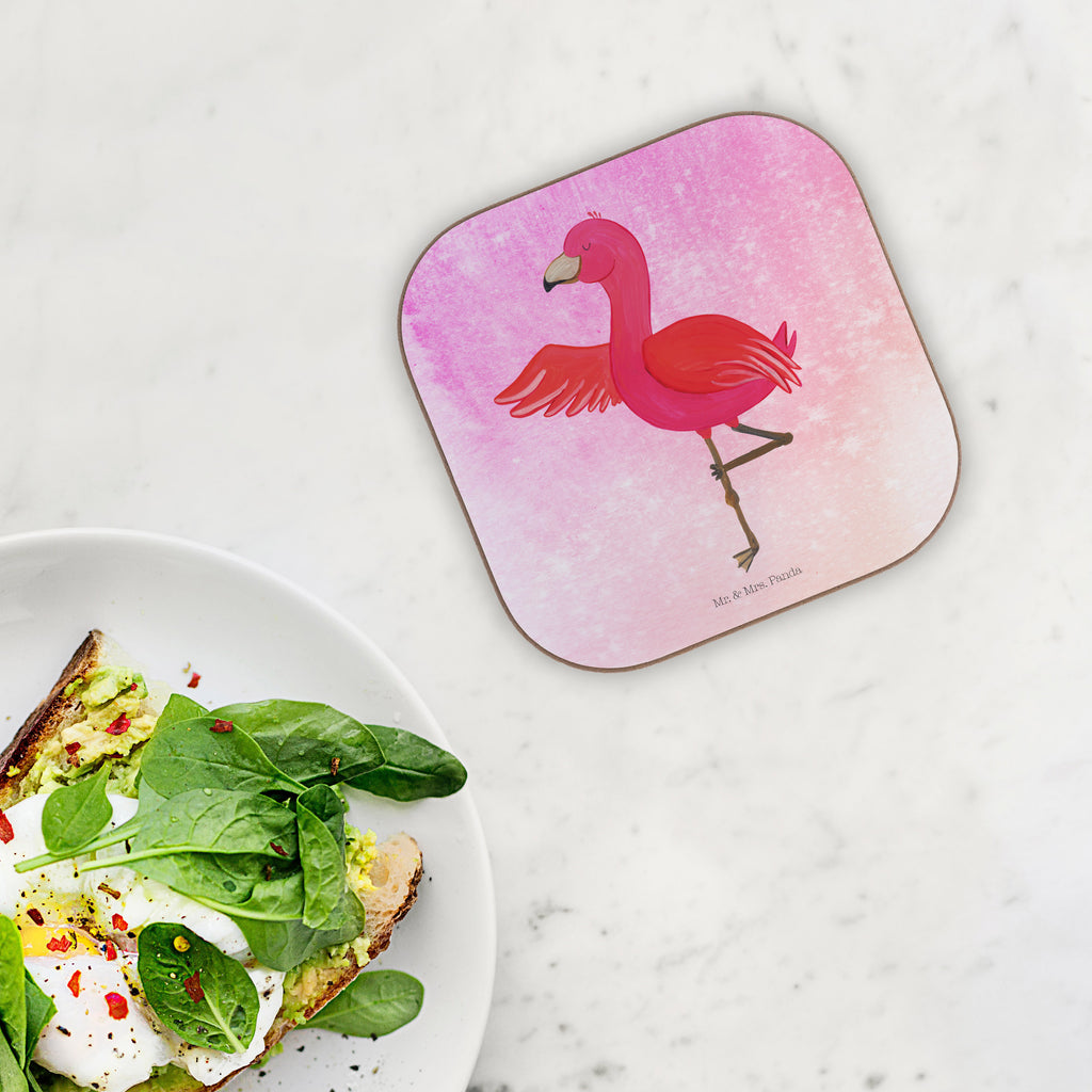 Quadratische Untersetzer Flamingo Yoga Bierdeckel, Glasuntersetzer, Untersetzer Gläser, Getränkeuntersetzer, Flamingo, Vogel, Yoga, Namaste, Achtsamkeit, Yoga-Übung, Entspannung, Ärger, Aufregen, Tiefenentspannung