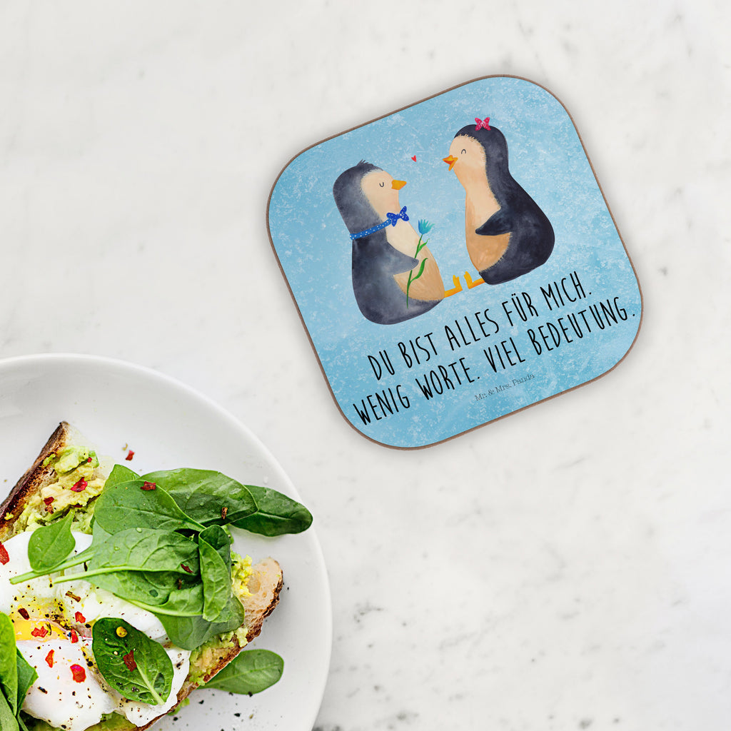 Quadratische Untersetzer Pinguin Pärchen Bierdeckel, Glasuntersetzer, Untersetzer Gläser, Getränkeuntersetzer, Pinguin, Pinguine, Liebe, Liebespaar, Liebesbeweis, Liebesgeschenk, Verlobung, Jahrestag, Hochzeitstag, Hochzeit, Hochzeitsgeschenk, große Liebe, Traumpaar