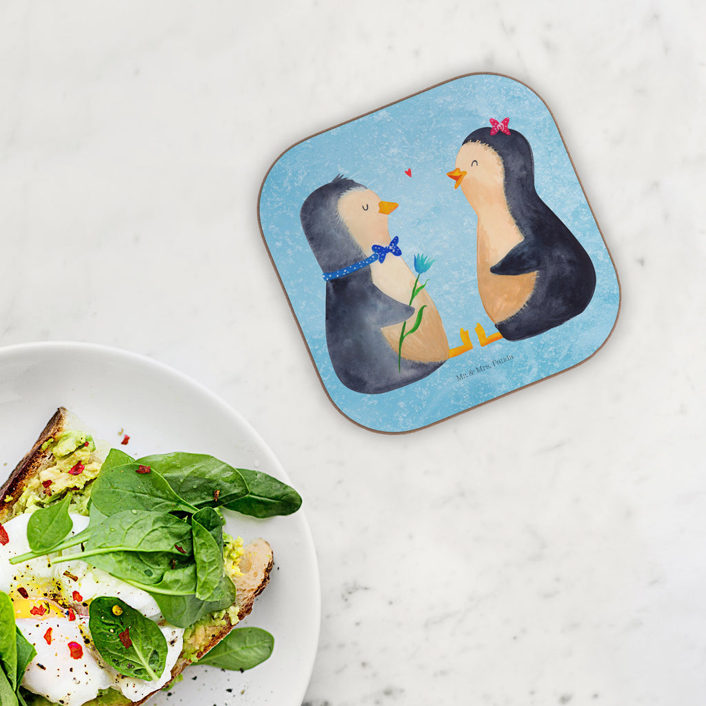 Quadratische Untersetzer Pinguin Pärchen Bierdeckel, Glasuntersetzer, Untersetzer Gläser, Getränkeuntersetzer, Pinguin, Pinguine, Liebe, Liebespaar, Liebesbeweis, Liebesgeschenk, Verlobung, Jahrestag, Hochzeitstag, Hochzeit, Hochzeitsgeschenk, große Liebe, Traumpaar