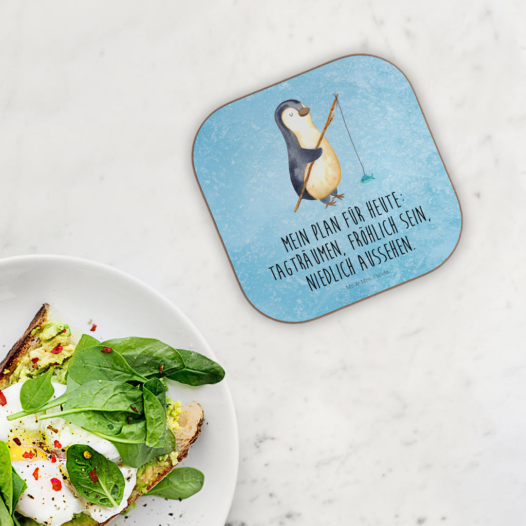 Quadratische Untersetzer Pinguin Angler Bierdeckel, Glasuntersetzer, Untersetzer Gläser, Getränkeuntersetzer, Pinguin, Pinguine, Angeln, Angler, Tagträume, Hobby, Plan, Planer, Tagesplan, Neustart, Motivation, Geschenk, Freundinnen, Geschenkidee, Urlaub, Wochenende
