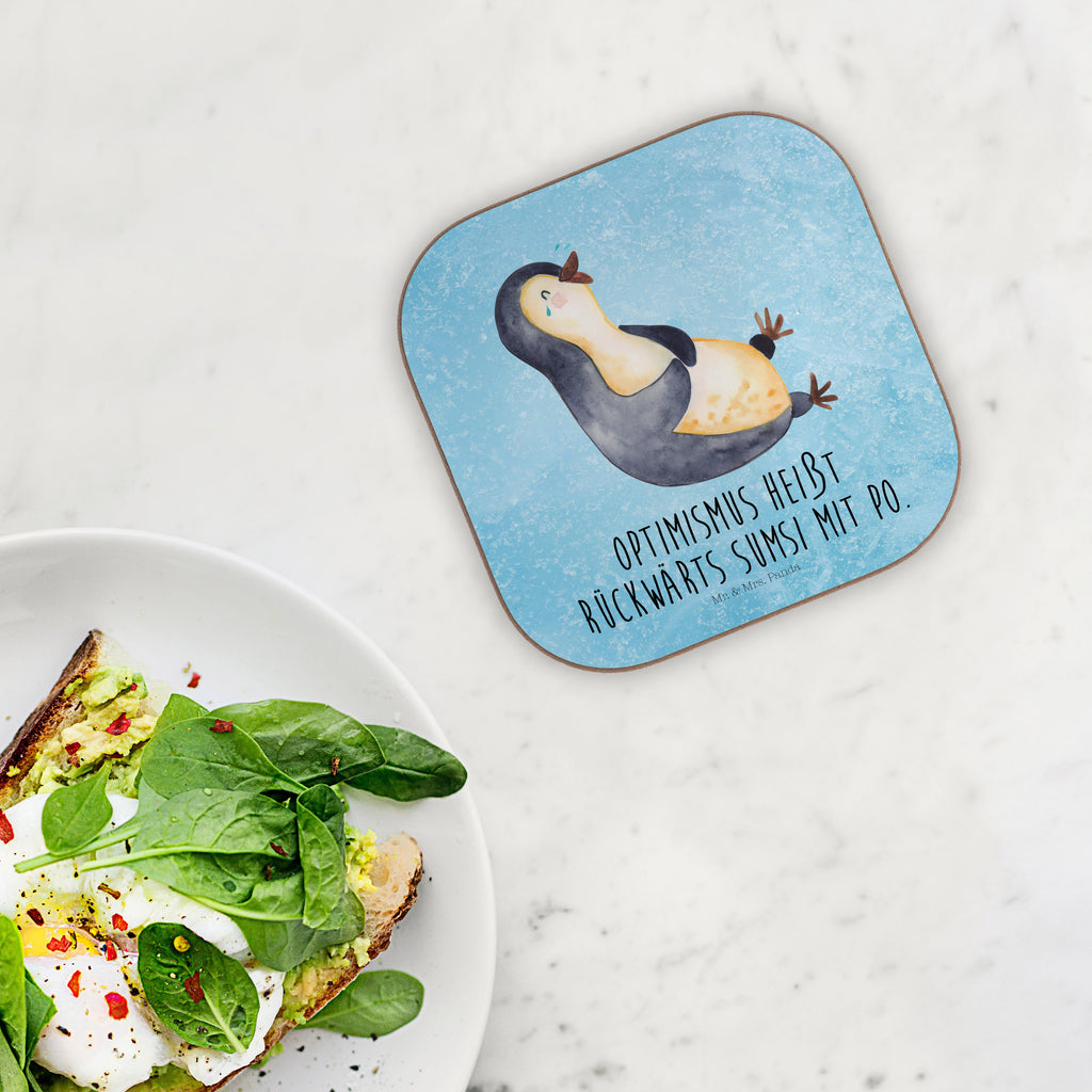 Quadratische Untersetzer Pinguin lachend Bierdeckel, Glasuntersetzer, Untersetzer Gläser, Getränkeuntersetzer, Pinguin, Pinguine, lustiger Spruch, Optimismus, Fröhlich, Lachen, Humor, Fröhlichkeit