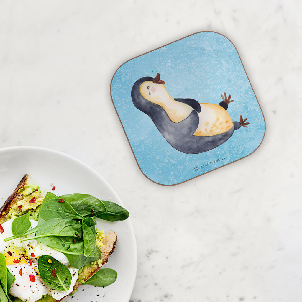 Quadratische Untersetzer Pinguin lachend Bierdeckel, Glasuntersetzer, Untersetzer Gläser, Getränkeuntersetzer, Pinguin, Pinguine, lustiger Spruch, Optimismus, Fröhlich, Lachen, Humor, Fröhlichkeit