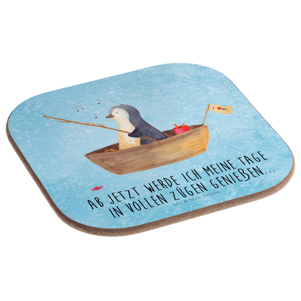 Quadratische Untersetzer Pinguin Angelboot Bierdeckel, Glasuntersetzer, Untersetzer Gläser, Getränkeuntersetzer, Pinguin, Pinguine, Angeln, Boot, Angelboot, Lebenslust, Leben, genießen, Motivation, Neustart, Neuanfang, Trennung, Scheidung, Geschenkidee Liebeskummer