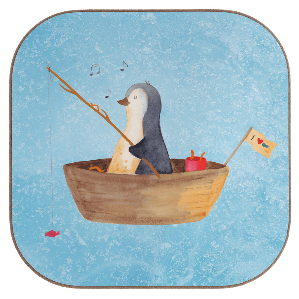 Quadratische Untersetzer Pinguin Angelboot Bierdeckel, Glasuntersetzer, Untersetzer Gläser, Getränkeuntersetzer, Pinguin, Pinguine, Angeln, Boot, Angelboot, Lebenslust, Leben, genießen, Motivation, Neustart, Neuanfang, Trennung, Scheidung, Geschenkidee Liebeskummer
