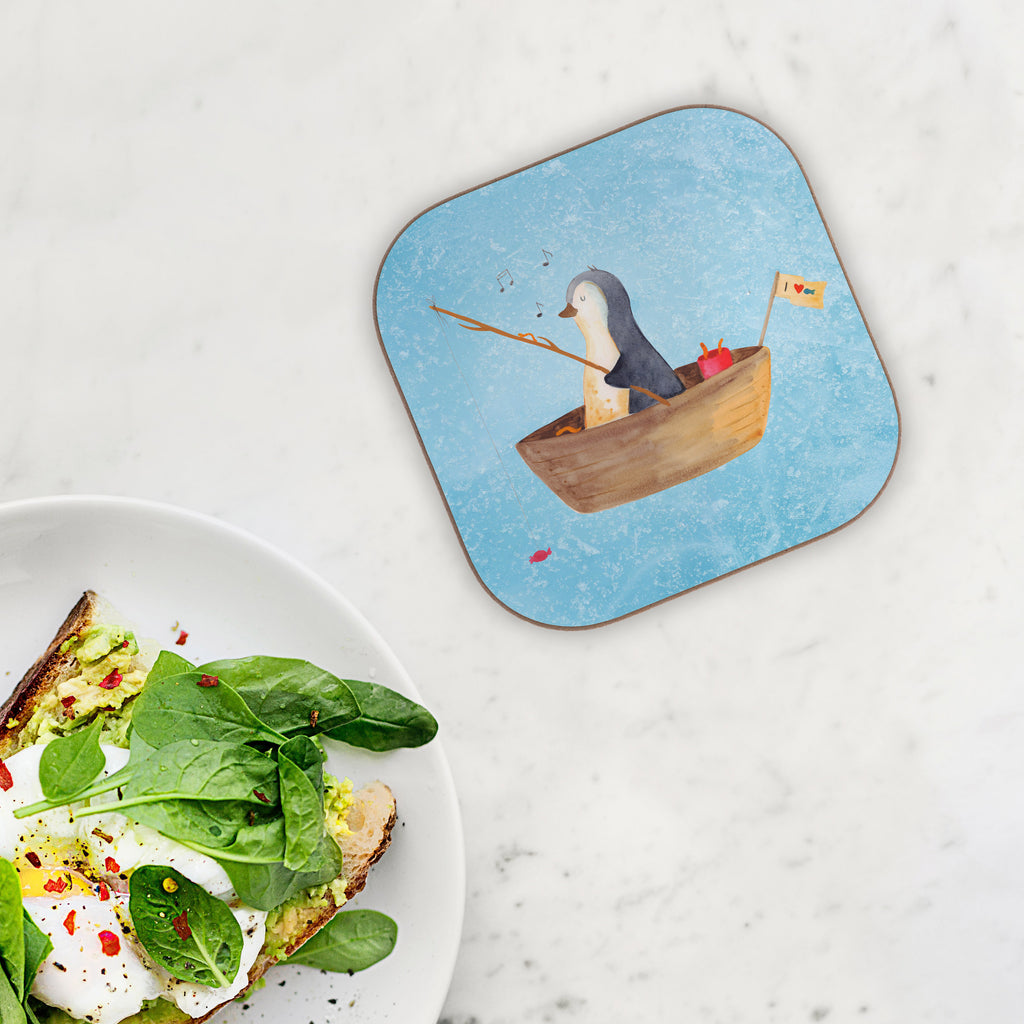 Quadratische Untersetzer Pinguin Angelboot Bierdeckel, Glasuntersetzer, Untersetzer Gläser, Getränkeuntersetzer, Pinguin, Pinguine, Angeln, Boot, Angelboot, Lebenslust, Leben, genießen, Motivation, Neustart, Neuanfang, Trennung, Scheidung, Geschenkidee Liebeskummer